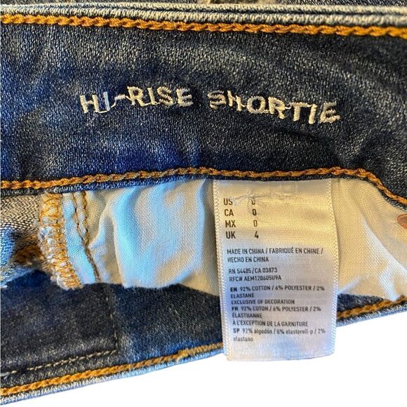 American Eagle Sz 0 Blue Denim Distressed Hi-Rise Shortie Super Stretch Shorts - Picture 7 of 7